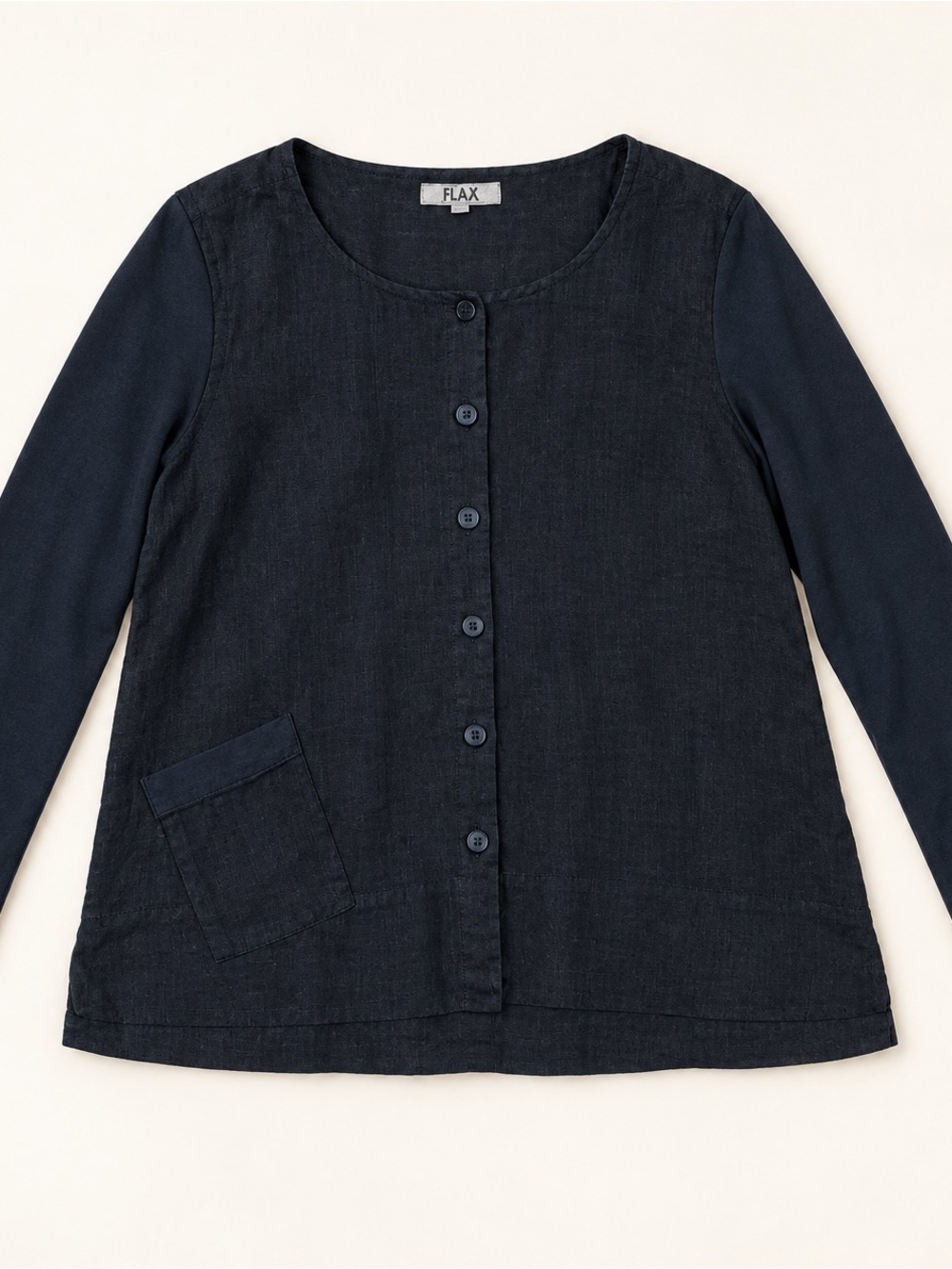 Flax Black Linen & Stretch Cotton  Button-Front Long Sleeve Top